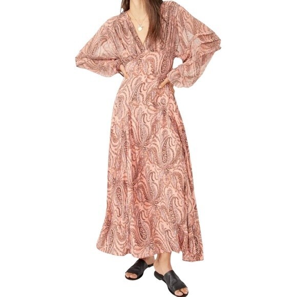 NWT Free People Mirage Maxi Dress Long Sleeve Flowy Boho Peach Combo Size 2 NEW - Picture 7 of 16